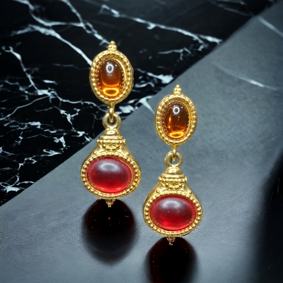 New Byzantine Revival Topaz Ruby Cabochon Dangle Earrings - Picture 4 of 4
